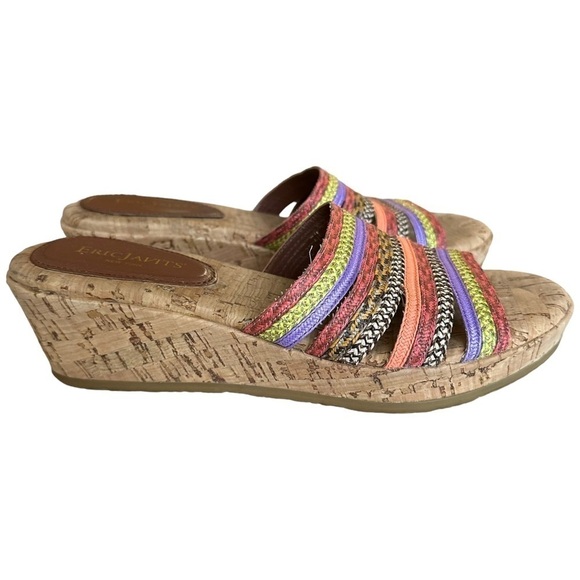 Eric Javitz Sandals Size 7 Cork Wedge Slip On Mulit-Colored Boho Shoes - Picture 5 of 9